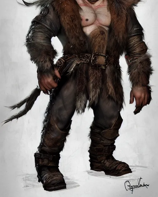 Image similar to A full body shot of a handsome orc looking into the camera wearing a leather fur jacket and boots, full body shot, detailed face, artstation, realistic, highly detailed, symmetrical, hyper realistic, dynamic pose, high detail, octane render, unreal engine, 8k, fantasy art, highly detailed, concept art, art by greg rutkowski