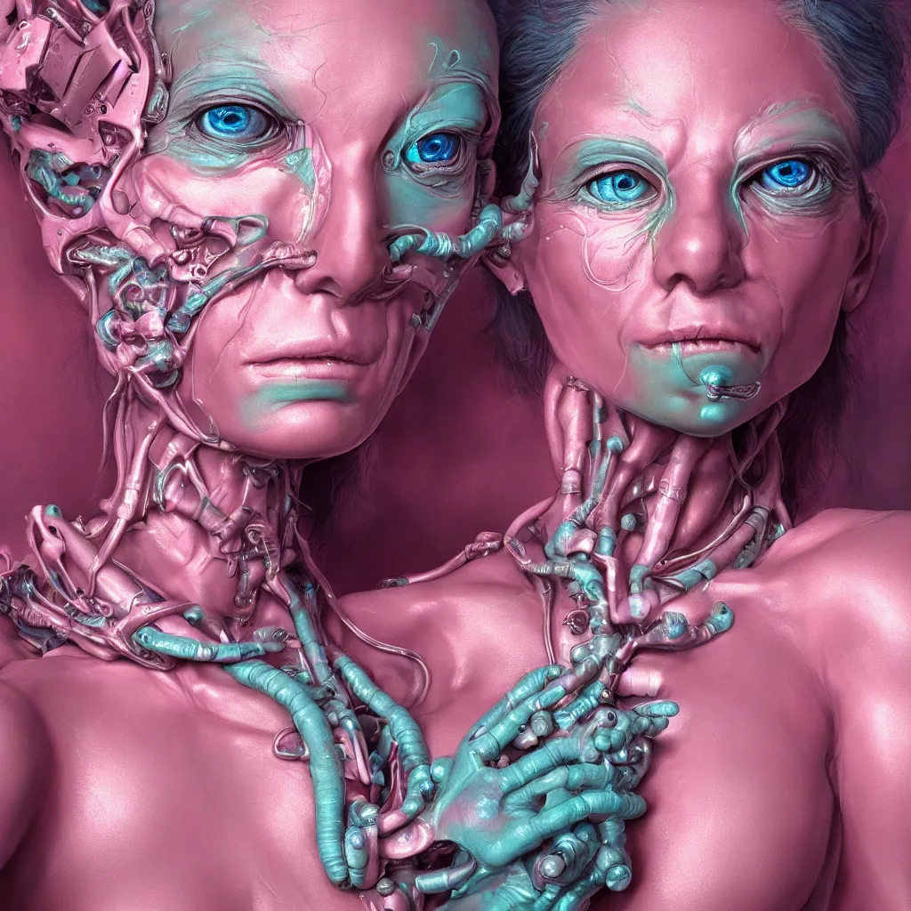 Image similar to hyperrealistic detailed rococo cyborg woman with pearlescent blue skin key sage wayne barlowe very soft pink neon lighting on one side wide angle 35mm shallow depth of field 8k