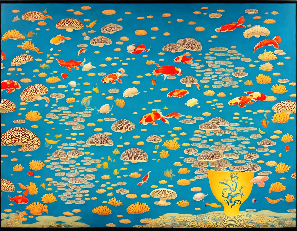 Prompt: vase of mushroom in the sky and under the sea decorated with a dense field of stylized scrolls that have opaque blue outlines, with koi fishes, ambrosius benson, kerry james marshall, afrofuturism, oil on canvas, history painting, hyperrealism, light color, no hard shadow, around the edges there are no objects