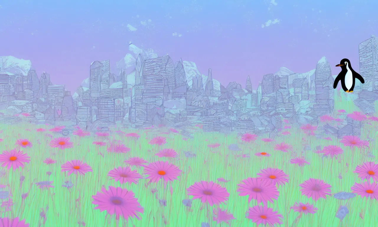 Prompt: penguins, meadow flowers, pastel colors, nordic noir, cityscape, digital art, 3 d illustration