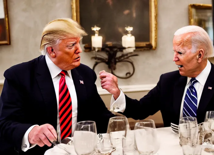 Image similar to Trump and Biden having dinner at a fancy Greek restaurant, award winning cinematic photography, 50 mm, blurred background, trending on twitter