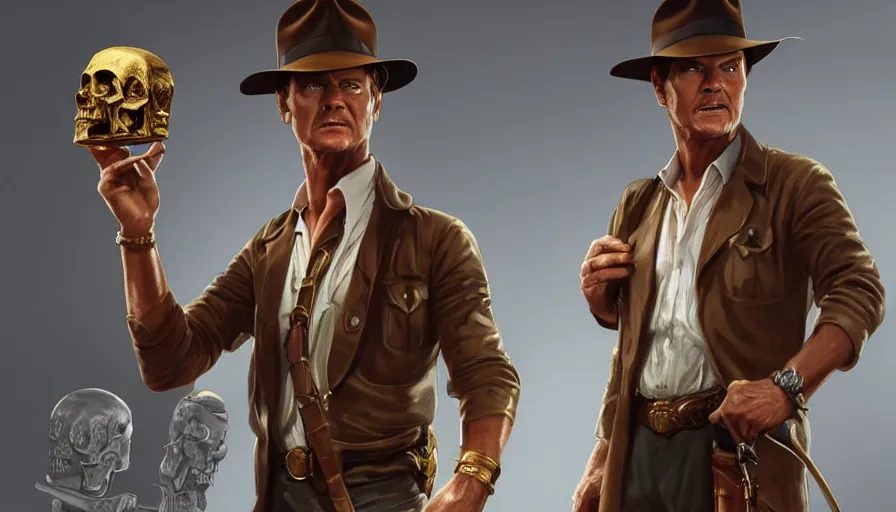 Image similar to young roger moore as indiana jones holding a whip in left hand and holding a golden mayan skull in the right hand, grey background, hyperdetailed, artstation, cgsociety, 8 k