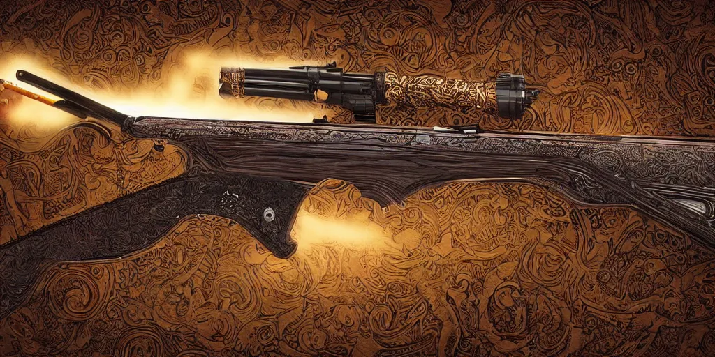 Image similar to a magic shotgun made out of wood, glowing in power, digital art, intricate details, professional