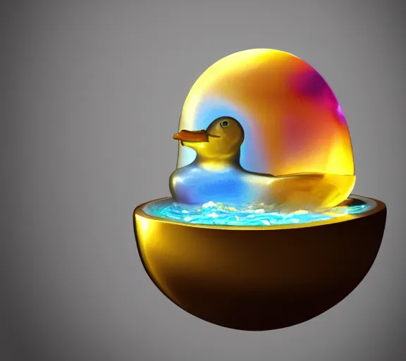 Image similar to shiny gemstone in the shape of a rubber duck floating in a pool of perfume, photorealism, mystical, enigmatic, digital oil painting, trending on artstation