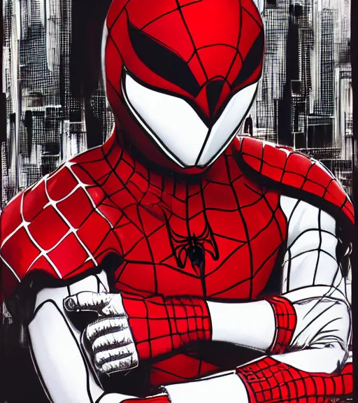 Prompt: detailed fullbody portrait white ranger from power ranger spiderman by yusuke murata and masakazu katsura, artstation, highly - detailed, red helmet, helmet with web spider details, black handwraps, black boots, cgsociety, pencile and ink, city in the background, dark colors, intricate details