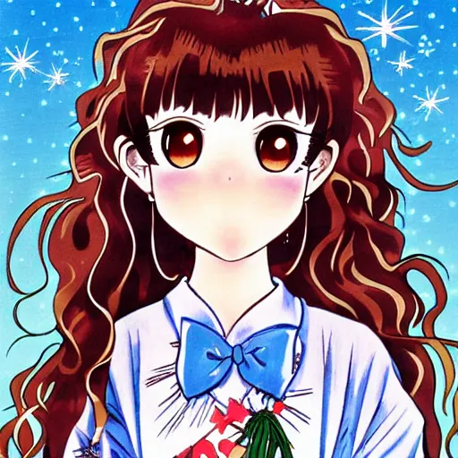 Image similar to a shoujo manga cover with a girl with big sparkly eyes and brown curly hair, in the style of naoko takeuchi ( 1 9 8 0 s )