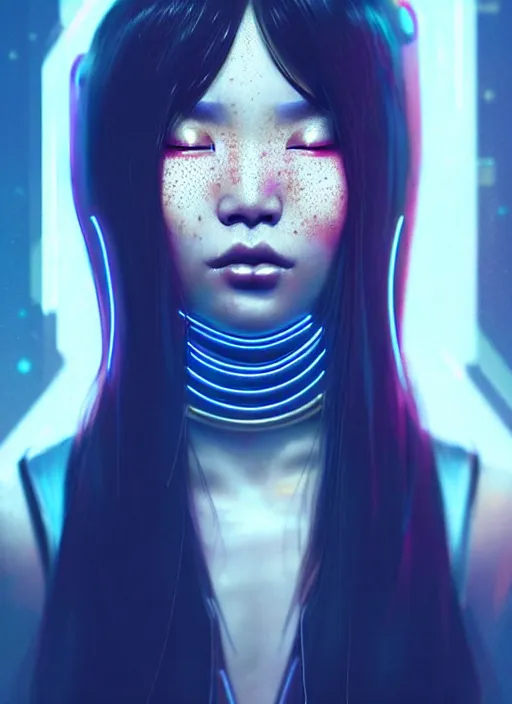 Image similar to sensual asian female humanoid with freckles, by loish, d & d, fantasy, cyber neon lighting, futurism, intricate futuristic jewelry accessories, cyberpunk high fashion, profile posing, hyper photorealistic, digital photography, artstation, pinterest, concept art, art by pascal blanche and greg rutkowski,