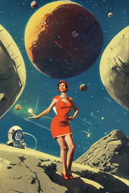 Prompt: 5 0 s pulp scifi fantasy illustration full body portrait slim woman on rocky mars, background of spaceship space nebula, by norman rockwell, edd cartier, roberto ferri, jack kirby, howard v brown, ruan jia, jason fabok, tom lovell, frank r paul, dean cornwell, astounding stories, amazing, fantasy, other worlds