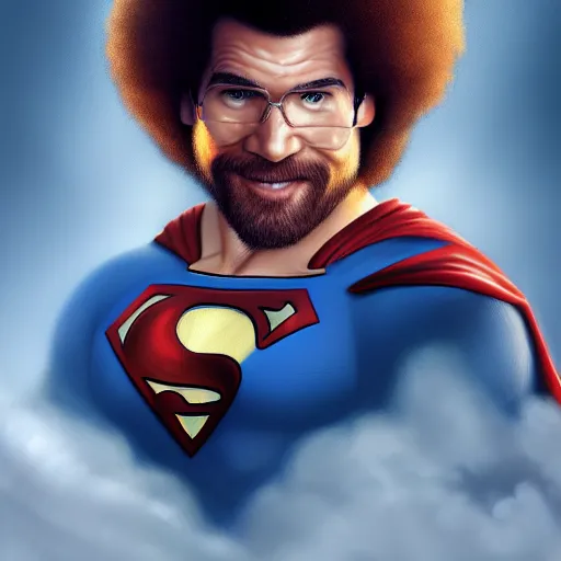 Image similar to award winning commission portrait of bob ross as superman,digital art,hyperdetailed,detailed face,ross tran,character design by charles bowater,deviantart,artstation,photorealistic,4k