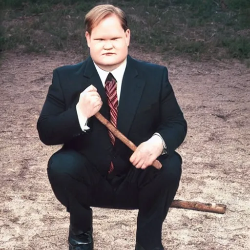 Prompt: Andy Richter wearing a brown suit and necktie on his knees and clinging desperately to a stick with a pleading look on his face.
