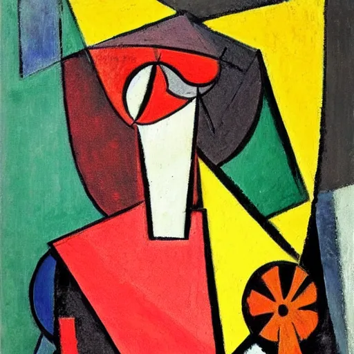 Prompt: a girl wearing a red dress, cubism, picasso, high contrast