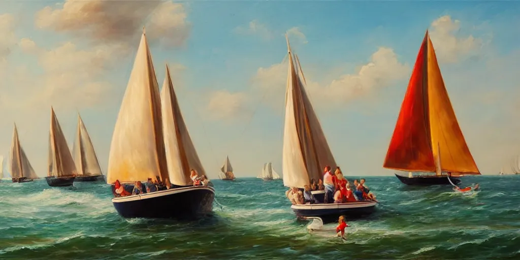 Image similar to beautiful oil painting of a family sailing on a very big luxurious sailboat in the Netherlands, happy