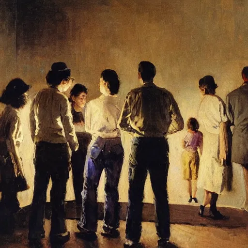 Image similar to by gerald harvey jones daring. a group of people in a dark room. the only source of light is a small window in the corner. the people are all looking at something outside of the mixed mediart.