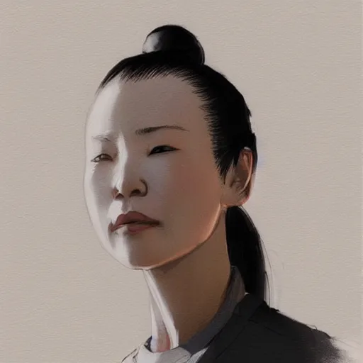 Image similar to portrait of a short muscular Japanese woman with a short ponytail wearing a gray t shirt and a work apron, dramatic lighting, illustration by Greg rutkowski, yoji shinkawa, 4k, digital art, concept art, trending on artstation