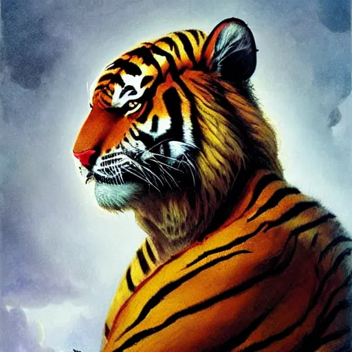 Image similar to head and shoulders portrait of a tiger rakshasa, d & d, fantasy, greg rutkowski, frank frazetta, alexandre chaudret, boris vallejo, michael whelan, miro petrov, hr giger, magali villeneuve, donato giancola