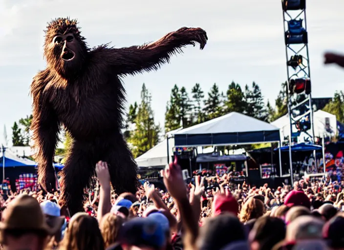 Prompt: photo still of sasquatch on stage at vans warped tour!!!!!!!! at age 4 8 years old 4 8 years of age!!!!!!! throwing rocks and berries at the crowd, 8 k, 8 5 mm f 1. 8, studio lighting, rim light, right side key light