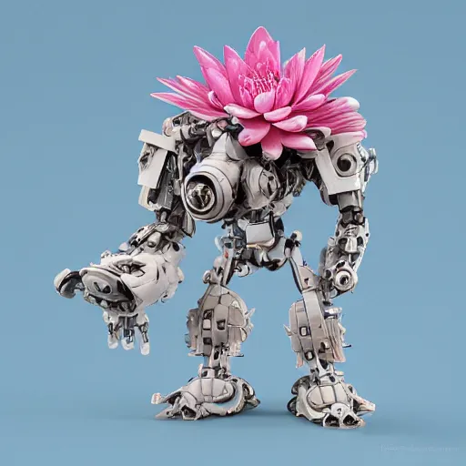 Prompt: waterlily head mobile combat suit floral rococo robot, biomechanical, waterlily mecha nymphaea, detailed illustration, concept art, smooth, sharp focus, by frank gehry, bandai box art