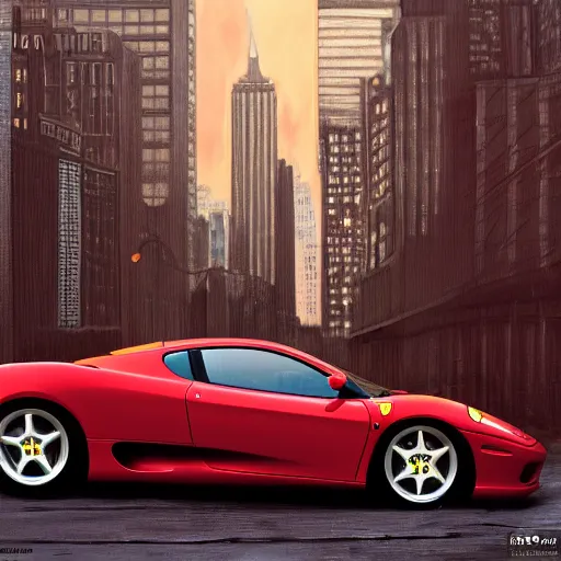 Prompt: 2 0 0 6 red ferrari 3 6 0 modena during golden hour, view of new york in warm light, highly detailed, artstation, concept art