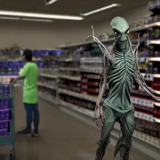 Image similar to mid shot of an realistic alien dressed by emidio tucci buying groceries at the store, shot by amanda carlson and alex strelkovv, professional photo, masterpiece, very detailed, hyper - realistic, unreal engine, straight face, cinematic, 4 k