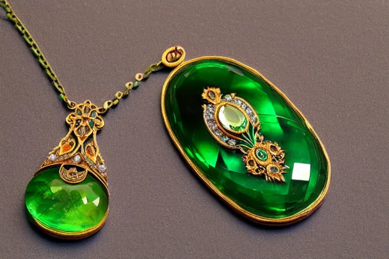 Prompt: highly detailed oil painting, very realistic gemstones, top view, symetrical, art nouveau, ornate, delicate, brilliant green gemstone necklace, dramatic light,