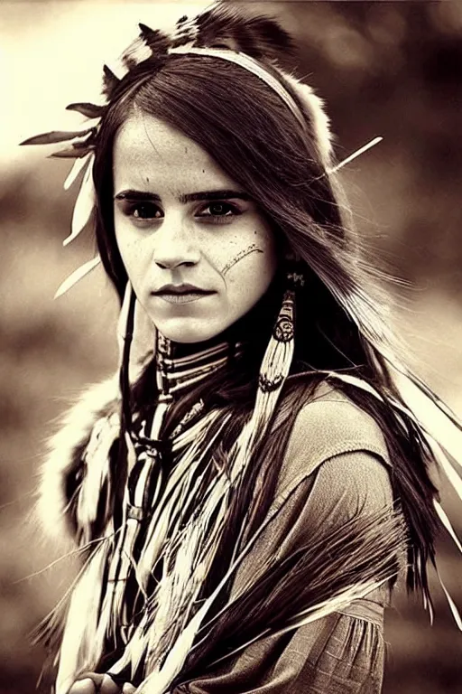 Image similar to “Photo of Native American indian woman Emma Watson, portrait, skilled warrior of the Apache, ancient, realistic, detailed, emma watson”