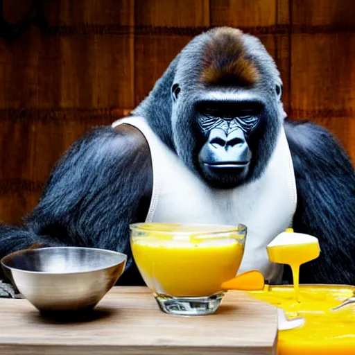 Prompt: gorilla holding a fork and knife, sitting at a table, bowl of yellow liquid in front of him