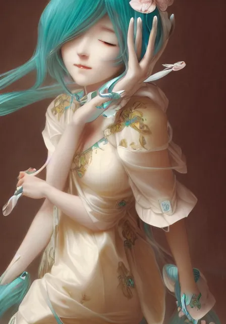Image similar to hatsune miku and cinnamoroll, intricate, elegant, highly detailed, digital painting, artstation, concept art, smooth, sharp focus, illustration, art by artgerm and greg rutkowski and alphonse mucha and william - adolphe bouguereau