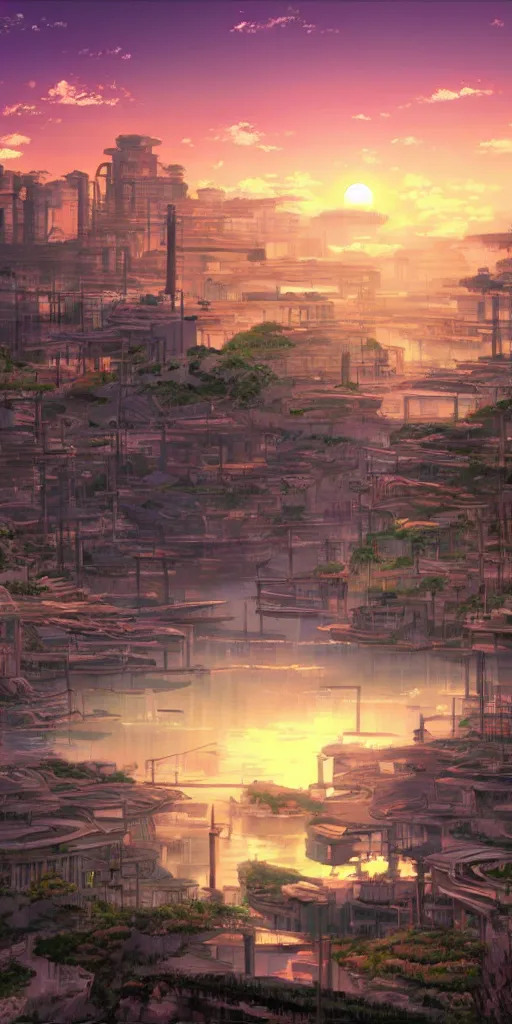 Image similar to a serene digital art of sunset, a metropolis beside the river, by studio ghibli and hayao miyazaki, highly - detailed, anime, unreal engine, deviantart