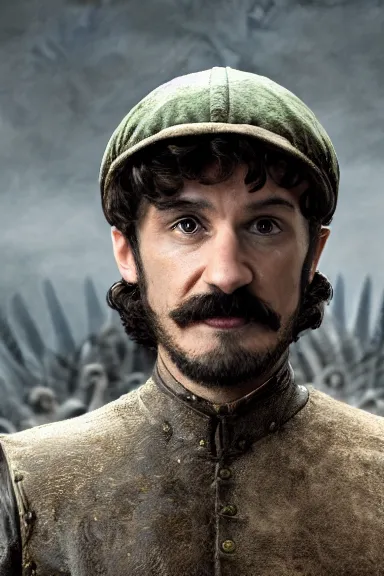 Image similar to very very intricate photorealistic photo of a realistic human version of luigi wearing his hat in an episode of game of thrones, photo is in focus with detailed atmospheric lighting, award - winning details