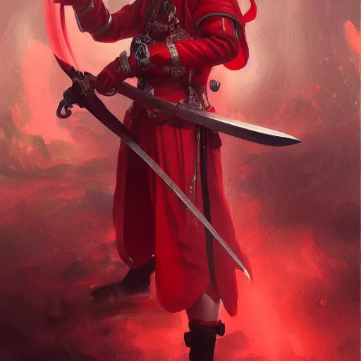 Image similar to a man in a red outfit holding a sword, a detailed painting by torii kiyomitsu, cgsociety, fantasy art, redshift, rich color palette, anime aesthetic