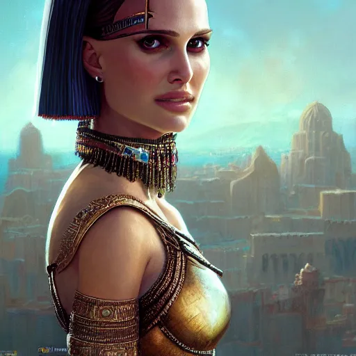 Image similar to closeup portrait of natalie portman as cleopatra, city background, dramatic light, gorgeous view, depth, high detail, digital art, painted by greg rutkowski and seb mckinnon, trending on artstation