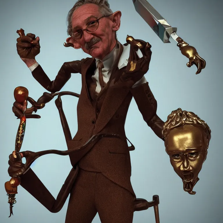 Image similar to octane render portrait by wayne barlow and carlo crivelli and glenn fabry and salvador dali and wes anderson, tiny little evil gremlin wearing a high - end gucci three piece suit while stabbing people in the leg with a trident, cinema 4 d, ray traced lighting, very short depth of field, bokeh