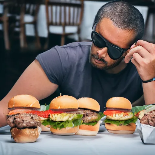 Image similar to Photography of a man being forced to eat 50 burgers.