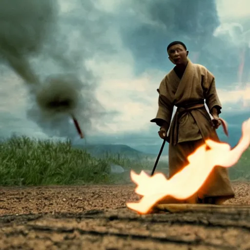 Image similar to cinematic film still Pharrell Williams starring as a Samurai holding fire, Japanese CGI, VFX, 2003, 40mm lens, shallow depth of field,film photography