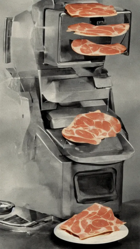 Prompt: 1 9 6 0 s food magazine photo of a computer made of ham, soft focus