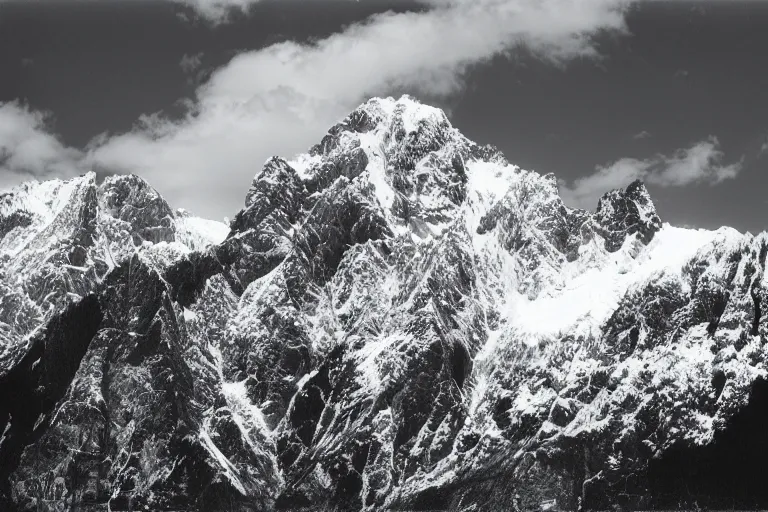 Image similar to small dinosaur, vallye, snowy peaks, by ansel adams, black and white, old, master photography
