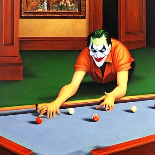 Image similar to the joker playing pool by tooker, george, surrealism, magical realism, scene