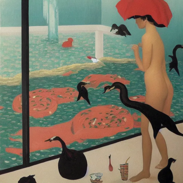 Image similar to painting of flood waters inside an apartment, sensual female emo art student, a river flooding indoors, pomegranates, pigs, ikebana, water, octopus, river, rapids, waterfall, black swans, canoe, berries, acrylic on canvas, surrealist, by magritte and monet