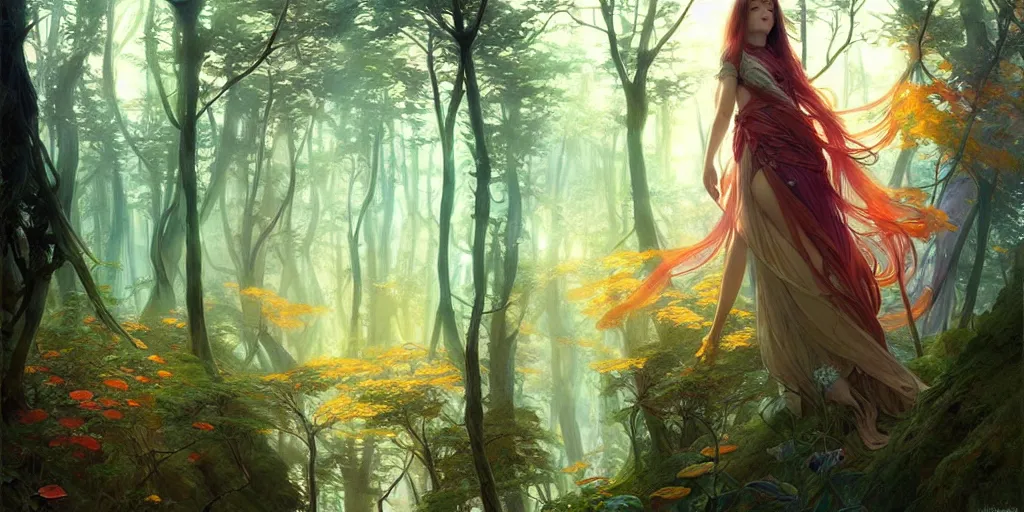 Prompt: a beautiful illustration of a mystic colourful forest, intricate, sharp focus, illustration, highly detailed, digital painting, concept art, matte, art by wlop and artgerm and greg rutkowski and alphonse mucha, masterpiece