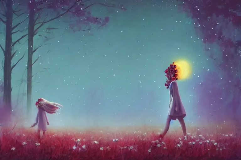 Image similar to giant daisy flower under head, girl walking in forest, surreal photography, dark night, stars, moon light, impressionist painting, clouds, digital painting, artstation, simon stalenhag