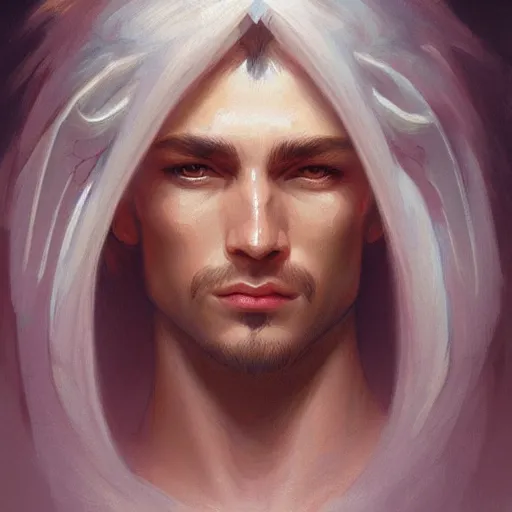 Image similar to up close portrait of a male angel, d & d, face, fantasy, intricate, elegant, highly detailed, digital painting, artstation, concept art, smooth, sharp focus, illustration, art by artgerm and greg rutkowski and alphonse mucha