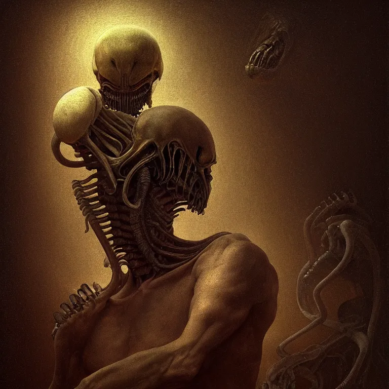 Image similar to portrait of a man covered by xenomorph by hieronymus bosch, soft bloom lucid dream - like ethereal dark atmosphere, baroque portrait painting, perfect composition, intricate detailed octane render trending on artstation, 8 k artistic photography, volumetric cinematic perfect light, chiaroscuro, masterpiece, raphael, caravaggio, rutkowski, beeple, beksinski