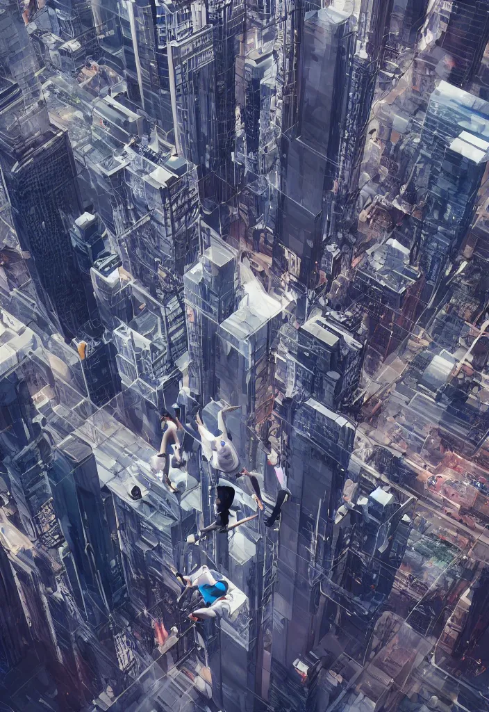 Image similar to multiple people jumping from buildings, futuristic city, street view, detailed, hyper realistic, dramatic