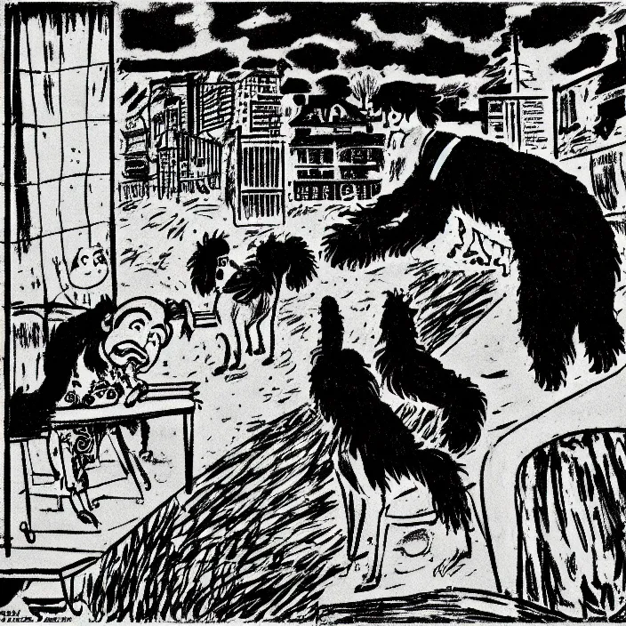 Prompt: a still frame from comic strip, person playing with a black hairy furry dog 1 9 5 0, herluf bidstrup, new yorker illustration, monochrome contrast bw, lineart, manga, tadanori yokoo, simplified,