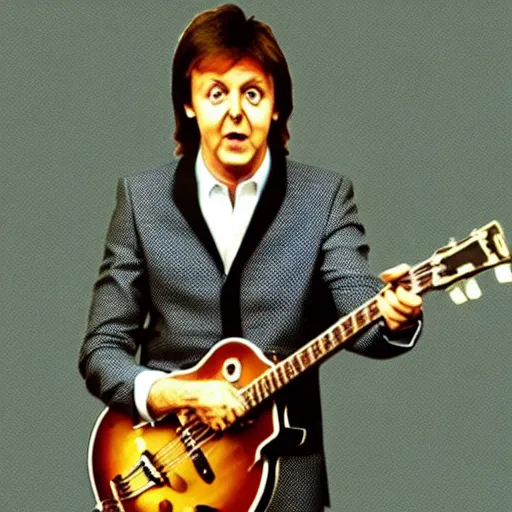 Image similar to Paul McCartney playing a guitar shaped like a beetle, 8k, high definition, highly detailed, photorealistic
