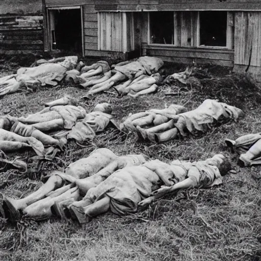 Image similar to a ww 2 picture of a pile of dead body's infront of a farm house, highly realistic, very detailed, taken on a ww 2 camera.