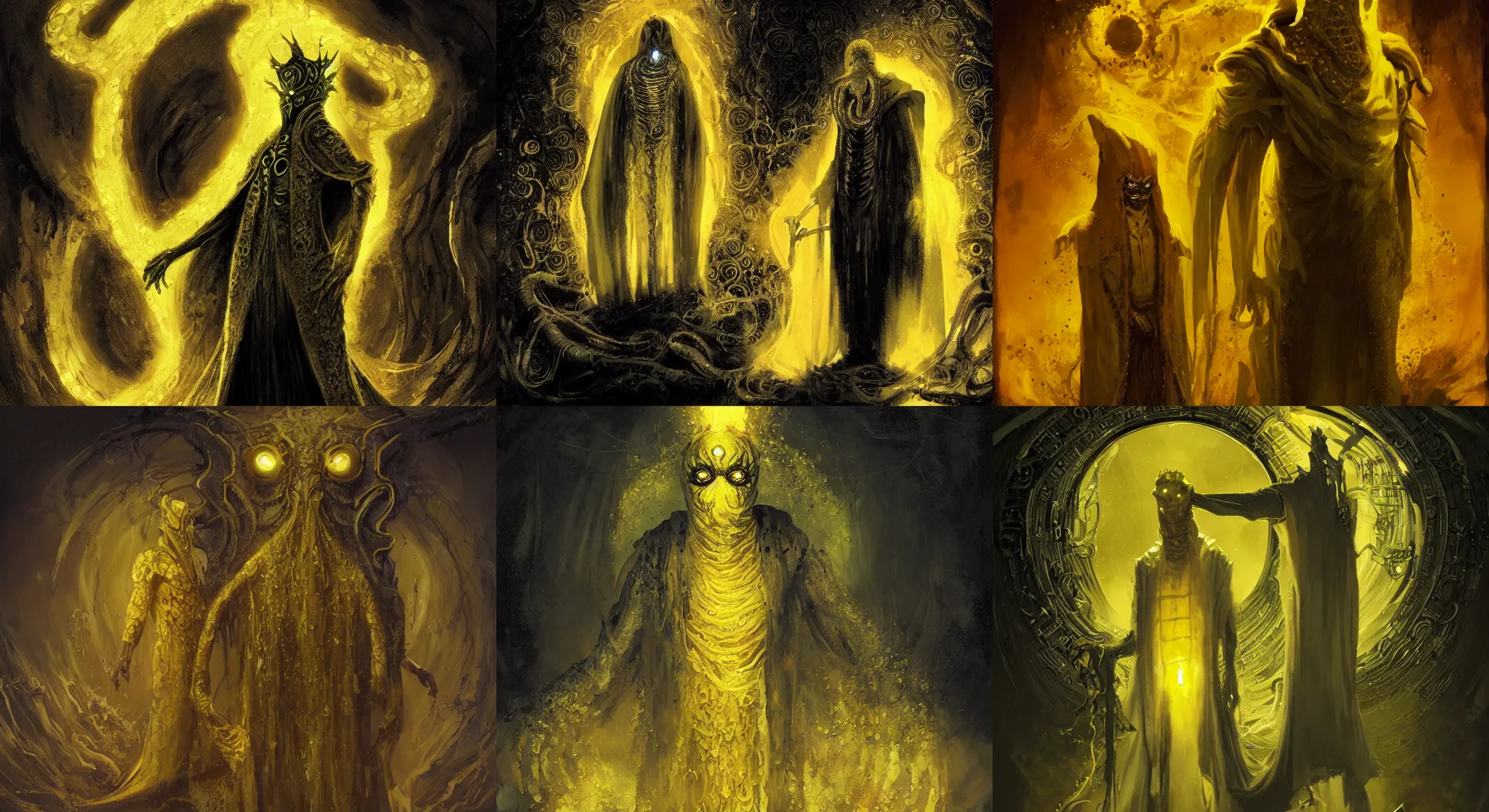 Prompt: A full body portrait of Hastur the king in yellow art by Cedric Peyravernay, Grzegorz Rutkowski and Jason Chan, cosmic horror, ominous, mysterious