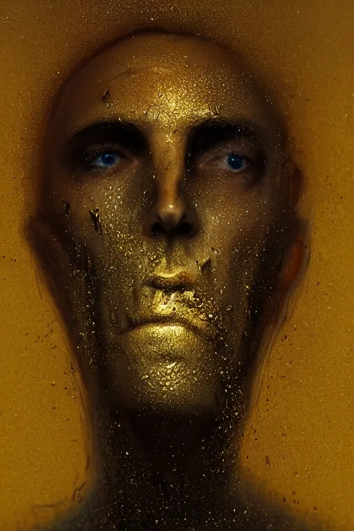 Prompt: Hyper realistic portrait of a ghost with melting face, gold raining in the background, Cinematic lighting, ultra super good realistic 3D render by Gerald Brom and Zdzisław Beksiński, insanely detailed, trending on artstation, 8k