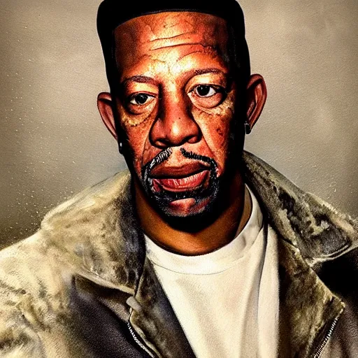 Image similar to hyperrealistic mixed media high resolution painting of Benjamin Hammond Haggerty Macklemore Morgan Freeman, stunning 3d render inspired art by István Sándorfi and Greg Rutkowski and Unreal Engine, perfect facial symmetry, dim volumetric lighting, 8k octane beautifully detailed render, full body shot, post-processing, extremely hyper-detailed, intricate, epic composition, highly detailed attributes, highly detailed atmosphere, cinematic lighting, masterpiece, trending on artstation, very very detailed, masterpiece, stunning, flawless completion, lifelike texture, perfection,