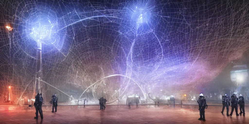 Image similar to policemen protecting a huge spiral - shaped bright luminous attractor right in the center of the city from protesting people,, rain and light fog, professional lighting, concept art in 3 d, high detail, professional lighting, 8 k, unreal engine